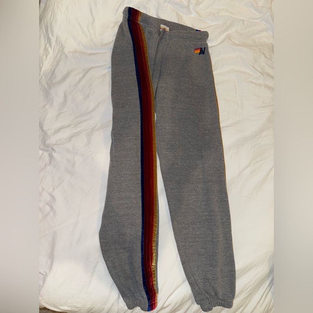 Aviator Nation gray sweatpants with velvet stripe. Size S